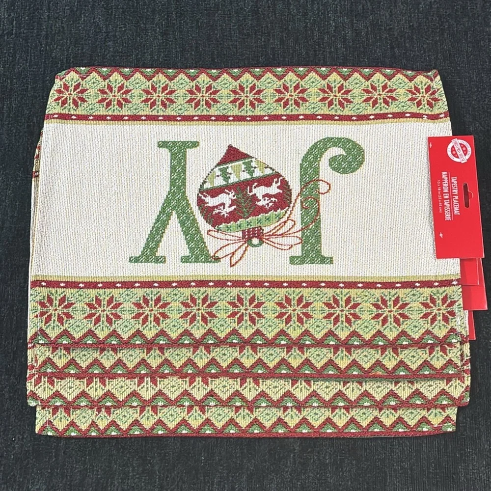 NWT- Set of 4- Cream- Red & Green JOY Ornament Holiday Tapestry Placemats 13x18